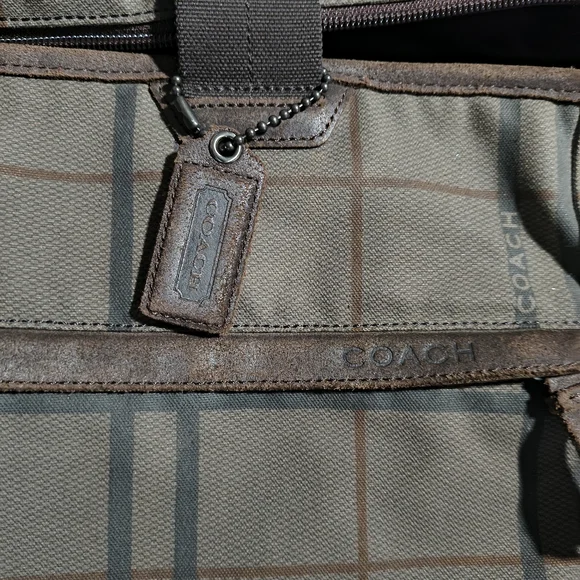Coach Camden Tattersall Plaid Canvas Tote Bag Weekend Travel Shoulder Brown